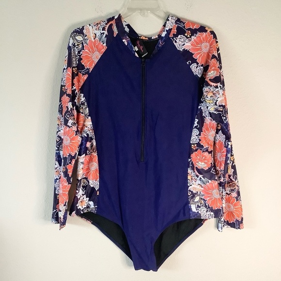 HANNA NIKOLE Plus Size One-Piece Rash Guard Swimsuit Long Sleeve Colorblock Blue - Picture 12 of 12